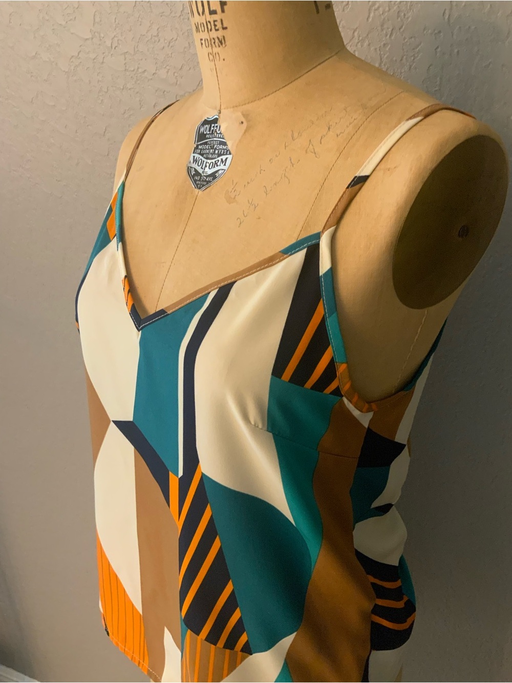 Emily Rose Teal, Brown & Orange Geometric Spaghetti-Strap Tank